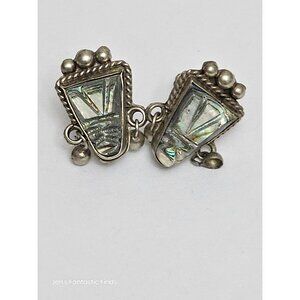 Taxco 925 Silver & Carved Abalone Shell Screw Back Earrings Vintage